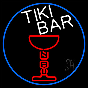 Tiki Bar Martini Glass With Blue Border Neon Sign