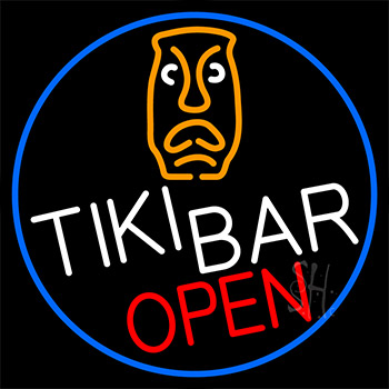 Tiki Bar Sculpture Open With Blue Border Neon Sign