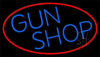 Blue Gun Shop With Red Neon Sign