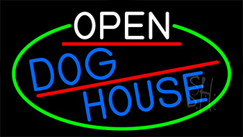 Open Dog House With Green Border Neon Sign