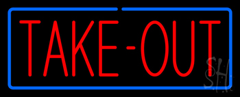 Red Take Out With Blue Border Neon Sign