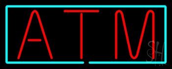 Red Atm With Light Blue Border Neon Sign