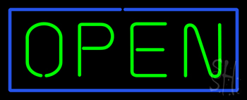 Open Horizontal Green Letters With Blue Border Neon Sign