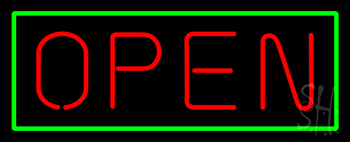 Open Horizontal Red Letters With Green Border Neon Sign