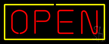 Open Yellow Border Red Letters Neon Sign