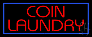 Red Coin Laundry Blue Border Neon Sign
