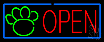 Open Pet Paw Blue Border Neon Sign