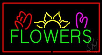 Green Flowers Logo With Red Border Neon Sign