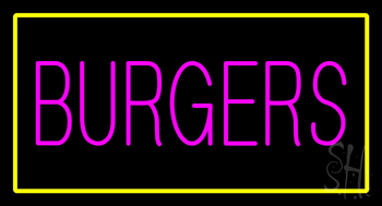 Pink Burgers Rectangle Yellow Neon Sign
