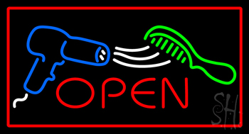 Red Open Dryer And Comb Logo Red Border Neon Sign