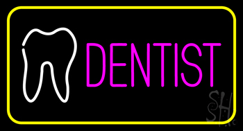 Pink Dentist Tooth Logo Yellow Border Neon Sign