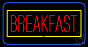 Red Breakfast With Blue And Yellow Border Neon Sign