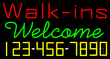 Red Walk Ins Welcome With Phone Number Neon Sign