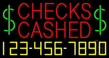 Red Checks Cashed Dollar Logo With Phone Number Neon Sign