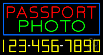 Passport Photo Blue Border With Phone Number Neon Sign