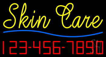 Cursive Yellow Skin Care With Phone Number Neon Sign