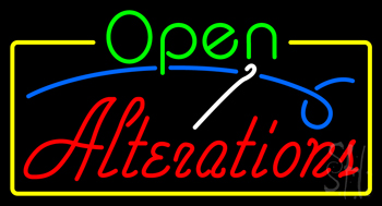 Green Open Red Alterations Yellow Border Neon Sign