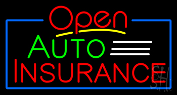 Red Open Auto Insurance Blue Border Neon Sign