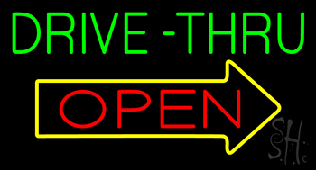 Green Drive Thru Open Arrow Neon Sign