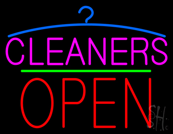 Pink Cleaners Block Open Neon Sign