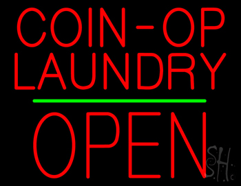 Red Coin Op Laundry Block Open Green Line Neon Sign