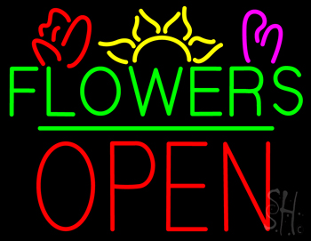 Green Flowers Red Block Open Neon Sign
