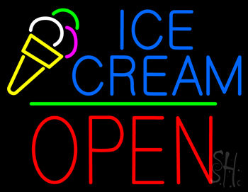 Ice Cream Logo Block Open Green Line Neon Sign