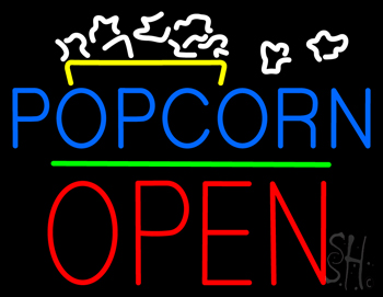 Popcorn Logo Open Block Green Line Neon Sign