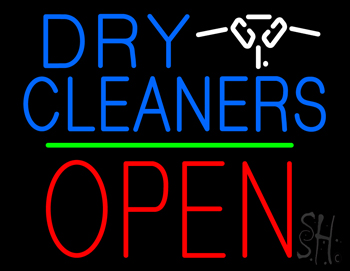 Dry Cleaners Logo Block Open Green Line Neon Sign