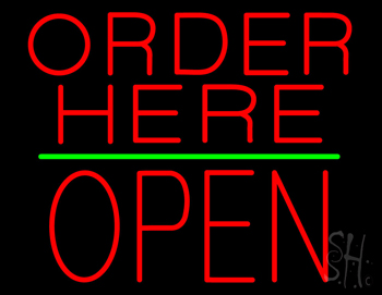 Order Here Block Open Green Line Neon Sign