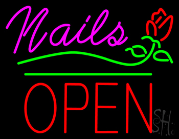 Pink Nails Block Open Green Line Flower Logo Neon Sign