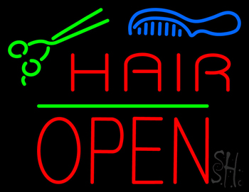 Hair Scissors Comb Block Open Green Line Neon Sign