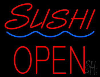 Red Sushi Block Open Blue Curve Neon Sign