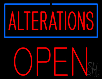 Red Alterations Blue Border Open Neon Sign