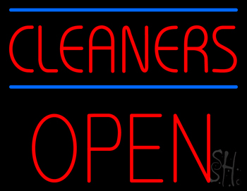 Red Cleaners Blue Lines Block Open Neon Sign