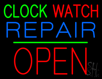 Clock Watch Repair Block Open Green Line Neon Sign
