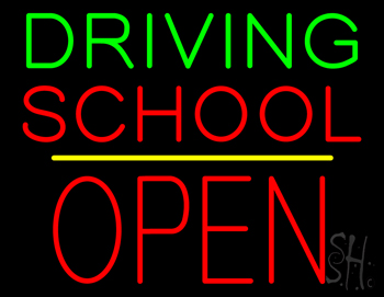 Driving School Open Block Yellow Line Neon Sign