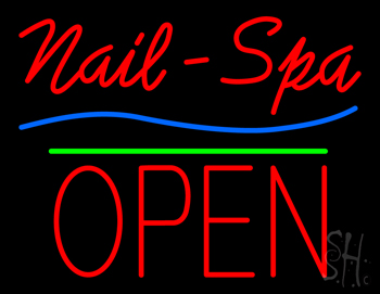 Nails Spa Block Open Green Line Neon Sign
