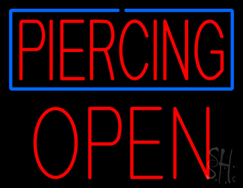 Red Piercing Blue Border Block Open Neon Sign