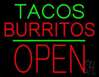 Tacos Burritos Block Open Green Line Neon Sign