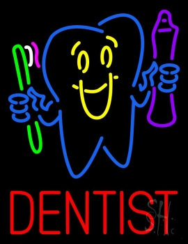 Dentist Tooth Logo With Brush And Paste Neon Sign