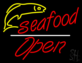Red Seafood Logo Open White Line Neon Sign