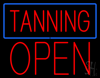 Red Tanning Blue Border Block Open Neon Sign