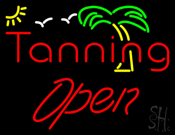 Red Tanning Open With Palm Tree Neon Sign