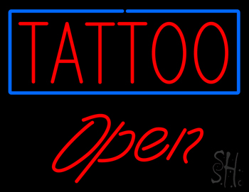 Red Tattoo Blue Border Open Neon Sign