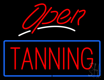 Red Open Tanning Blue Border Neon Sign