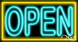 Double Stroke Aqua Open With Yellow Border Neon Sign