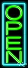 Green Open With Aqua Border Vertical Neon Sign