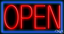 Red Border With Blue Open Neon Sign