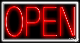 White Border With Red Open Neon Sign